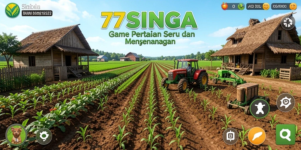 Tampilan gameplay 77SINGA dengan ladang hijau yang subur.