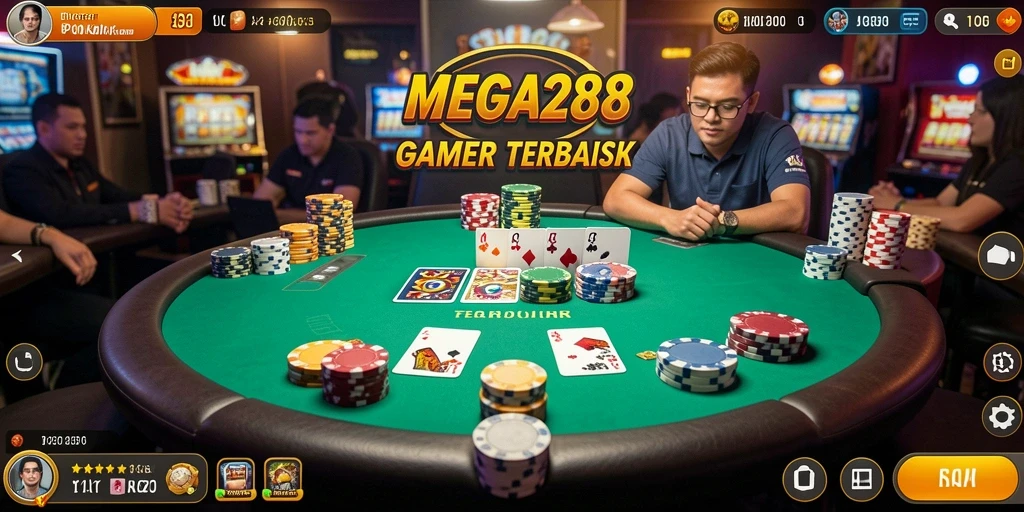 Screenshot gameplay MEGA288, menunjukkan aksi Poker yang mendebarkan.