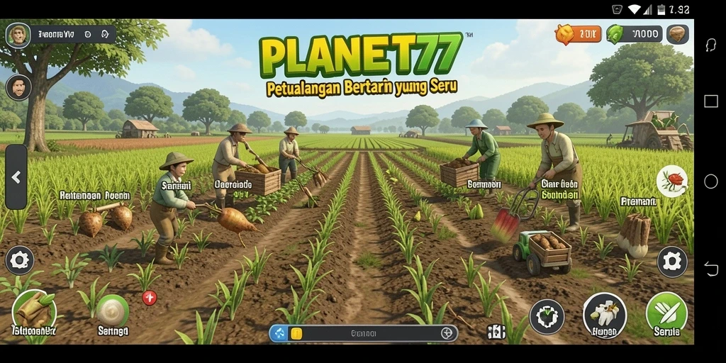 Tampilan menarik dari gameplay PLANET77 yang menggambarkan suasana pertanian.