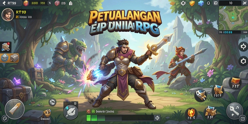 Screenshot RT99 menampilkan aksi pertempuran seru dalam dunia RPG.