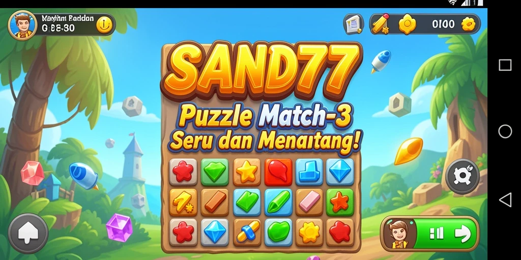 Tampilan gameplay SAND77 dengan objek Match-3 yang cerah.