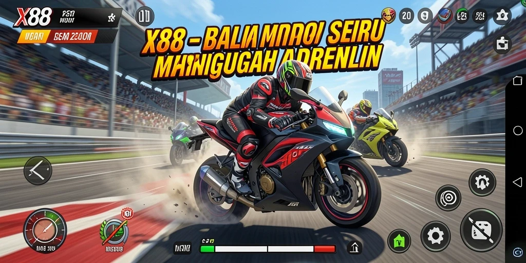 Screenshot X88 menunjukkan balapan motor yang seru dan dinamis.
